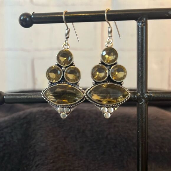 NWT NATURALSMOKY CITRINE DANGLE EARRINGS 925 STERLING SILVER 50carats. - Picture 3 of 11